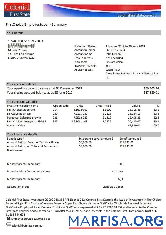 Downloadable Australia Colonial First State bank statement download for verification